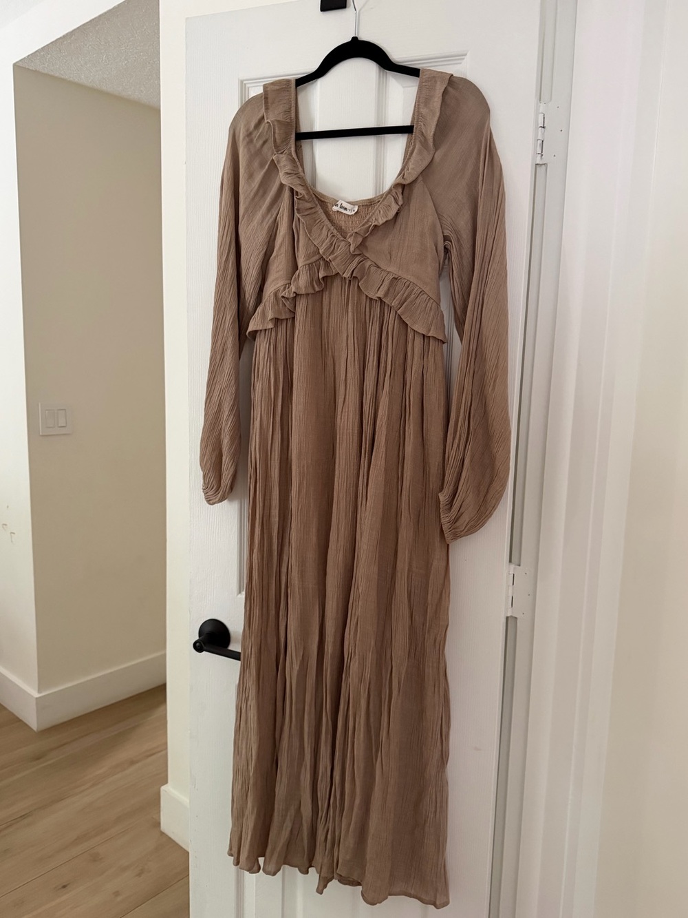 bloom Long Ruffle V-Neck Maxi Dress - Tan